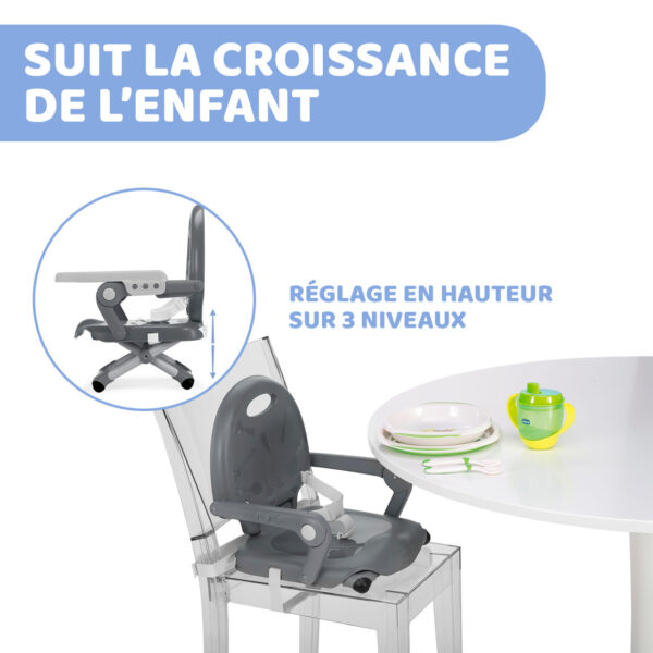 Chicco Pocket Snack Rehausseur Chaise Bébé pour Enfants de 6 mois à 3 ans (15 kg), Chaise Haute Portable, Réglable, avec Fermeture Compacte et Plateau Amovible - Dark Grey (lot de 1)