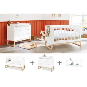 Chambre complète 'Bridge' large, incl. étagère3 parties : lit bébé, meuble à langer large, étagère murale